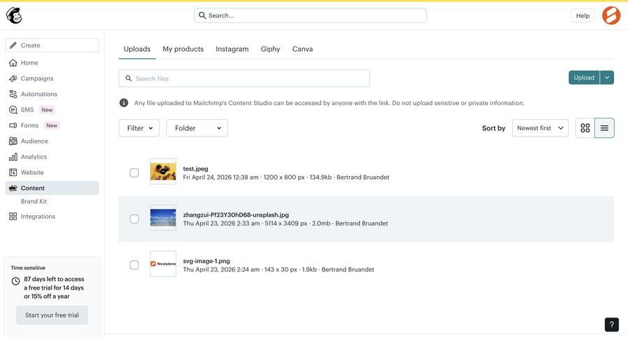 Mailchimp
			 content management sidebar navigation file upload file management data display sidebar integration pagination global search ui page example