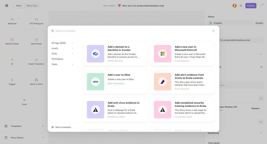 Tines
			 grid workflow automation template library template selection new integration modern search bar ui page example