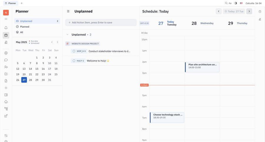 Huly
			 dashboard sidebar navigation project management schedule calendar screen sidebar time management time tracking ui page example