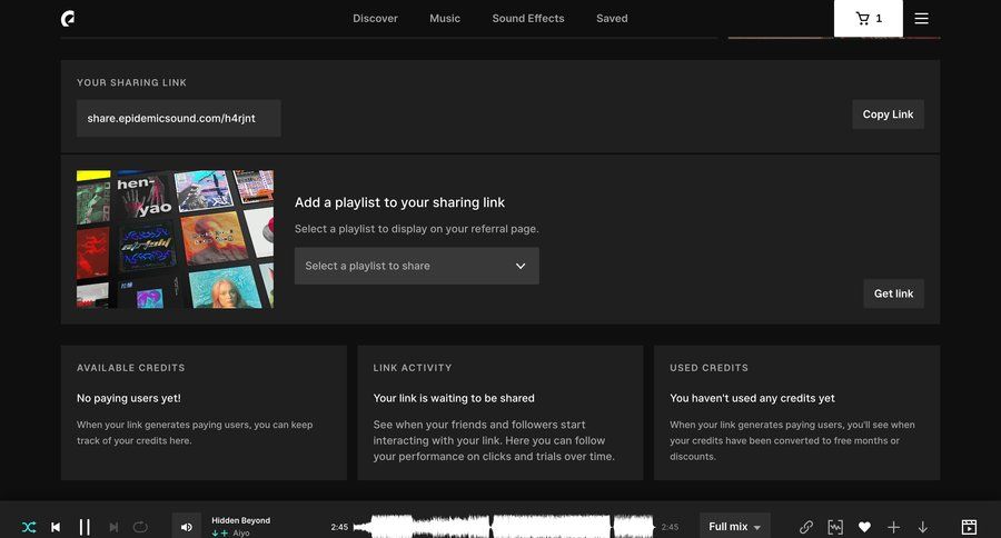 Epidemic Sound
			 grid user account content sharing dark theme credits menu progress bar option menu sharing ui page example
