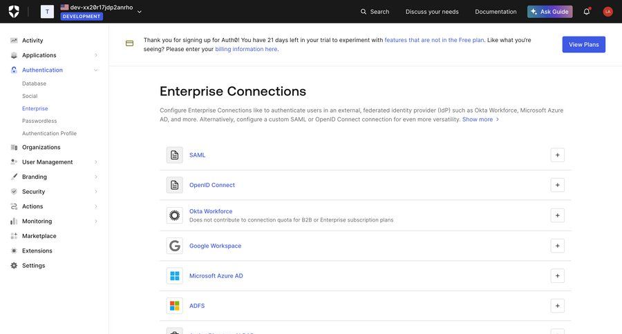 Auth0
			enterprise authentication sidebar settings security sidebar navigation account settings configuration setup enterprise trial banner enterprise settings alternatives ui page example