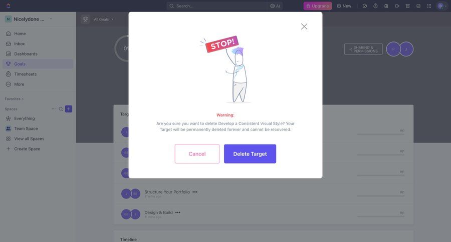 ClickUp
			modal & popover warning state task management modal screen dashboard sidebar navigation project management cancel deletion rounded corners upgrade modal dashboard warning user permissions sidebar ui page example