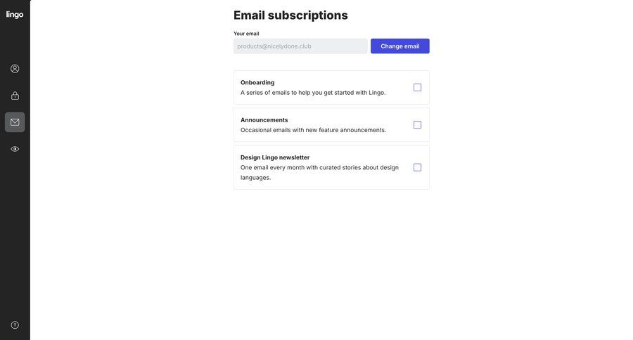 Lingo
			 settings form account settings subscription management email sidebar ui page example