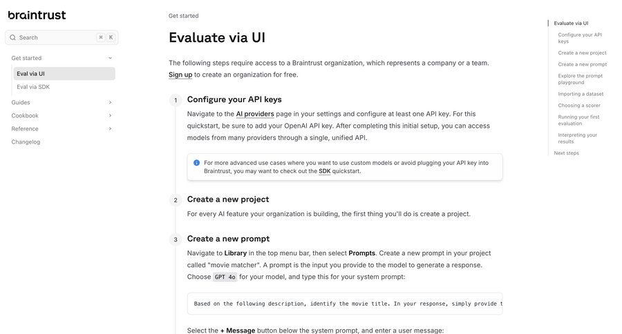 Braintrust
			 doc documentation changelog docs filter ui file upload ui search results ui dark ui check out importing data prompt completion ui page example