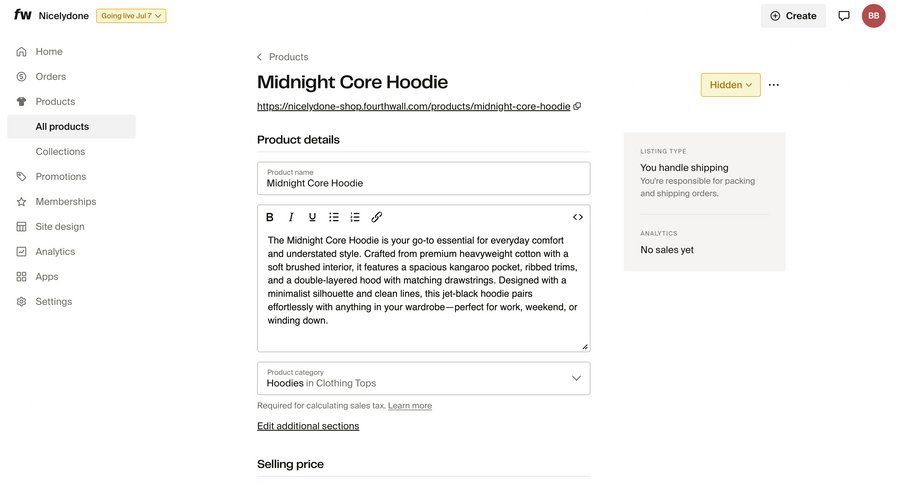 Fourthwall
			 item details ui page example