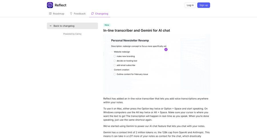 Reflect
			use cases call transcript changelog transcript ui page example