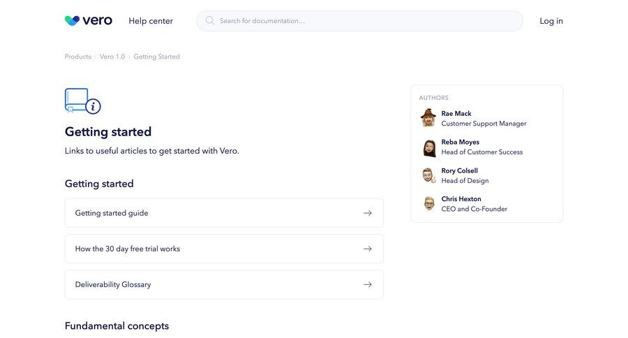 Vero
			 getting started customer support chat ui page example