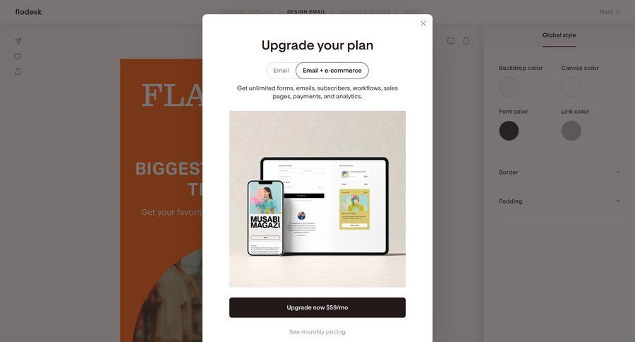 Flodesk
			 modal screen e-commerce account management upgrade modal payment history call to action service plans pricing plans subscription plans price payment options premium product packages announcement paywall payment page payment confirmation pricing packages pricing calculator ui page example