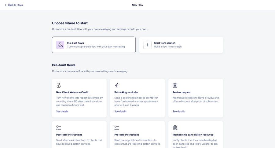 Mangomint
			 grid workflow onboarding automation templates workflow creation full-screen layout customer engagement customer communication template selection ui page example