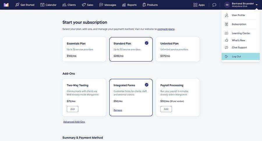 Mangomint
			 subscription management plan comparison payment method subscription plans payment processing ui page example