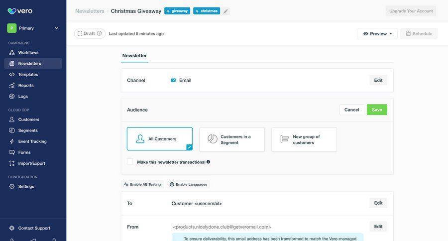 Vero
			 e-commerce sidebar navigation form schedule email campaign management sidebar alert new create campaign creation ui page example
