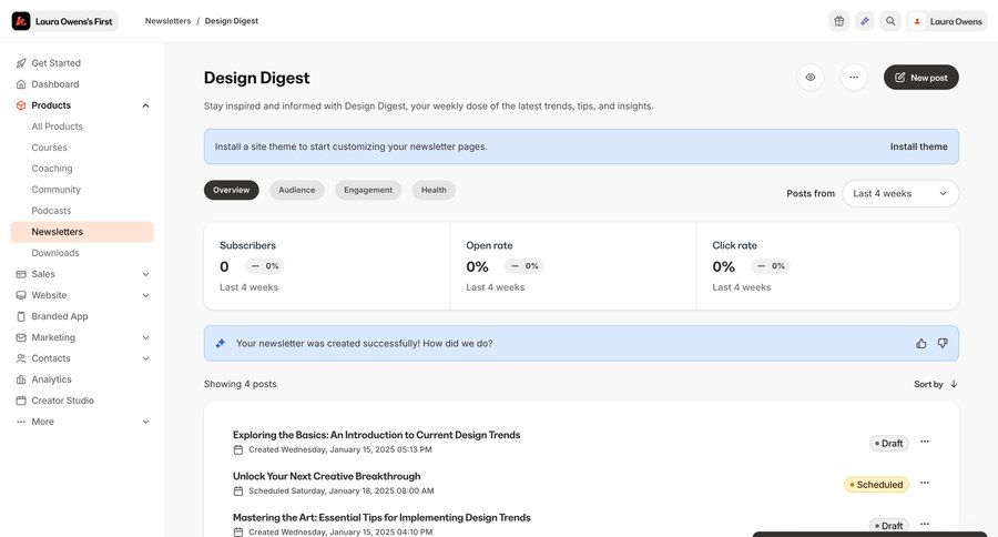 Kajabi
			 content management dashboard sidebar navigation editor dropdown filters wysiwyg features management sidebar modern ui page example