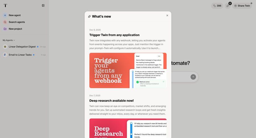 Twin
			 modal screen sidebar navigation artificial intelligence automation application management sidebar research integration product update modern sharing webhook integration ui page example