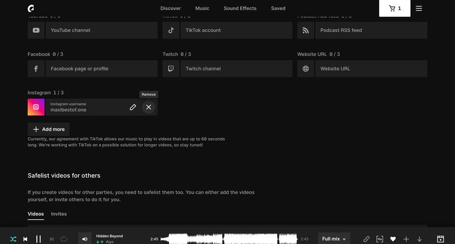 Epidemic Sound
			 content management configuration settings account management form account setup account settings list management dark theme channel management menu profile page ui page example