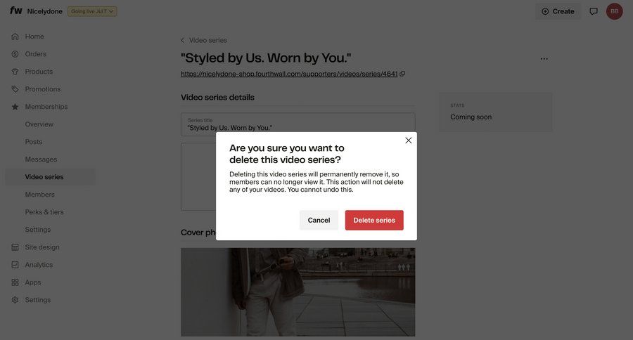 Fourthwall
			 content management e-commerce sidebar navigation delete confirmation modal dialog cancel deletion confirmation message ui page example