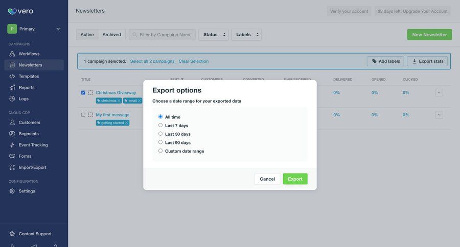 Vero
			 data management sidebar navigation data export export exporting data dropdown filters radio group sidebar table ui page example