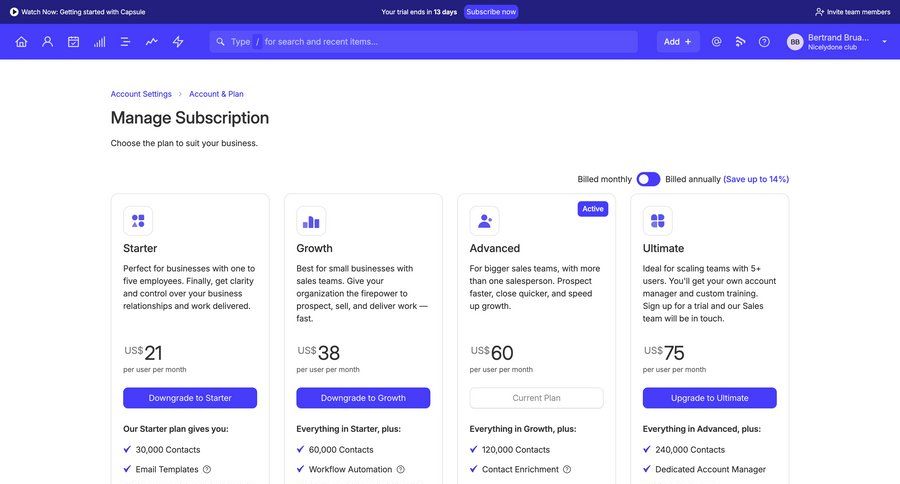 Capsule
			 settings account management subscription management plan comparison features ui page example