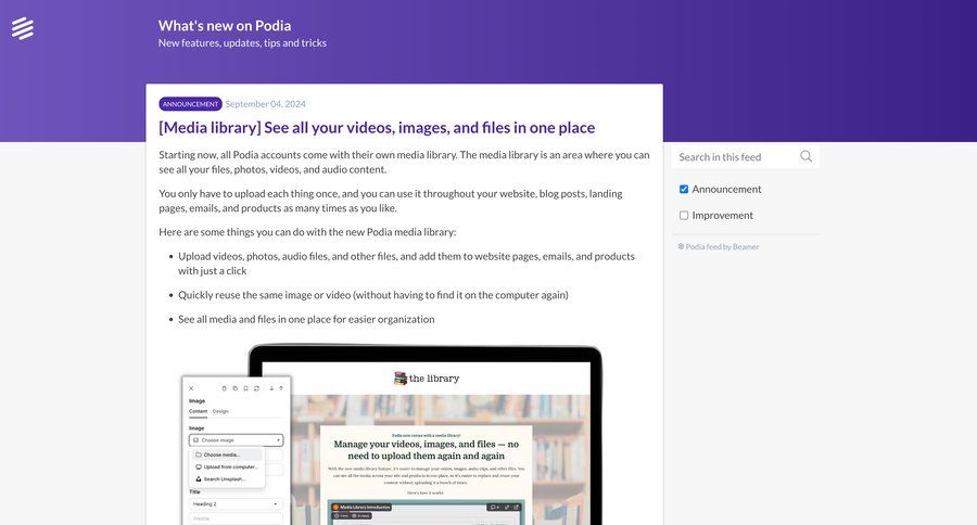 Podia
			 video editor free tier editorial blog post news article upload media article feature article product update announcement changelog update blog templates check out data grid news feed option menu ui page example