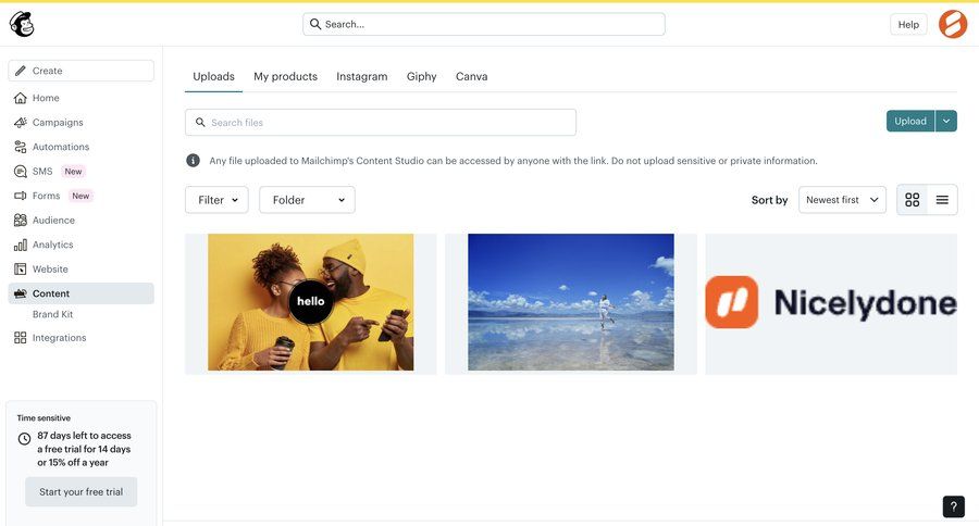 Mailchimp
			 content management dashboard sidebar navigation grid trial banner call to action sidebar create navigation menu modern pagination ui page example