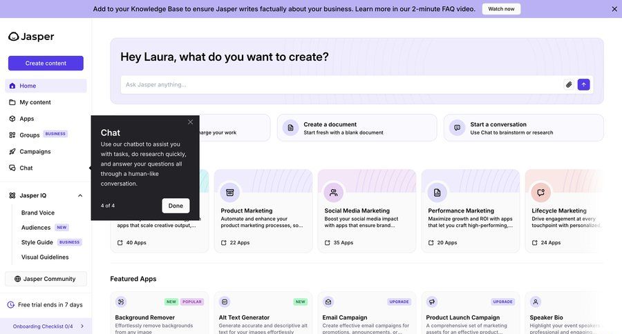 Jasper
			 dashboard sidebar navigation artificial intelligence onboarding template library full-screen layout ai assistance sidebar chatbot card layout ui page example