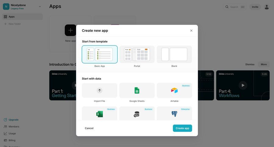 Glide
			 form template selection data import import file create ui page example