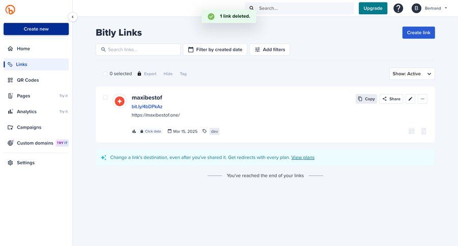 Bitly
			 dashboard sidebar navigation data display manage links lists menu date filter search bar toast notification ui page example