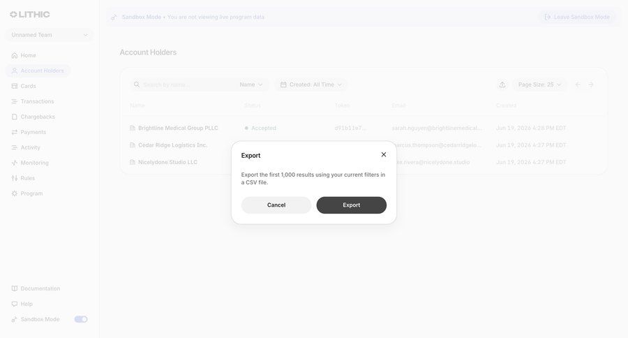 Lithic
			list filters modal & popover export data export ui page example