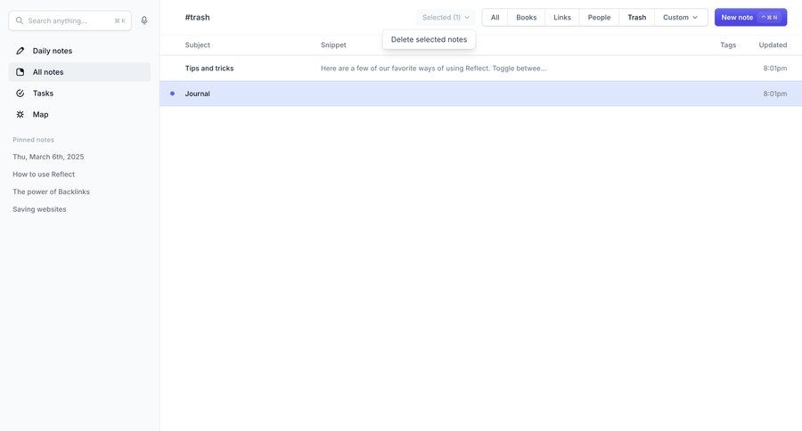 Reflect
			 sidebar navigation delete manage links bulk delete sidebar lists menu keyboard shortcuts map view ui page example