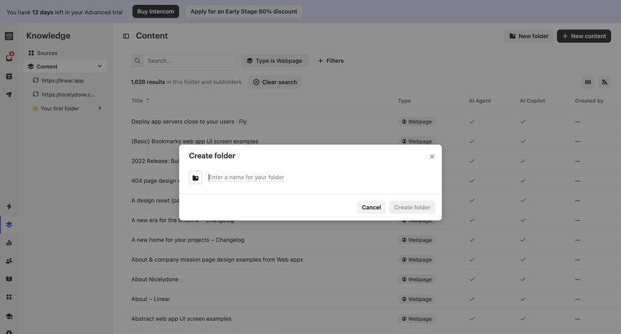 Intercom
			 content management form file organization modal interaction cancel action cancel trial folder search results ui table ui page example