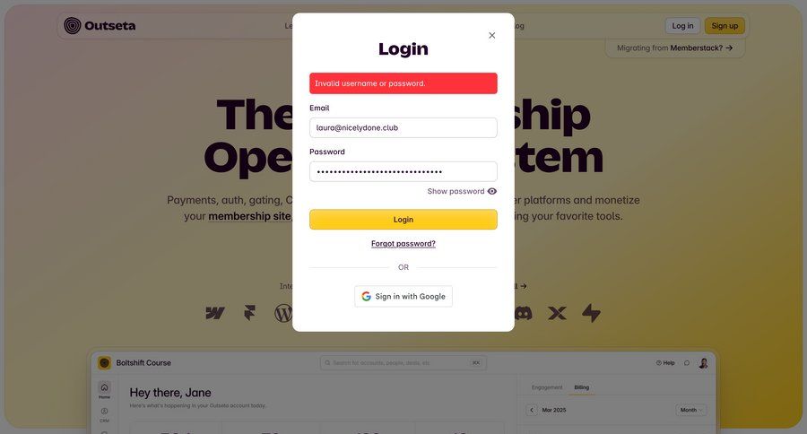 Outseta
			 user management form authentication login alert ui page example