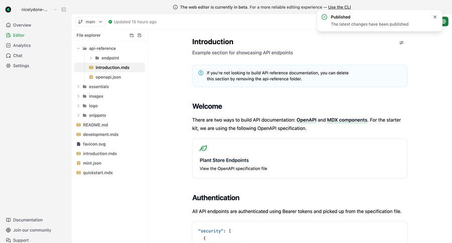 Mintlify
			 content management sidebar navigation editor tree view authentication file management three-column grid sidebar alert documentation file picker code snippet ui page example