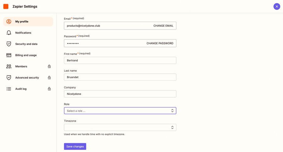 Zapier
			 settings form account setup user account profile management sidebar ui page example