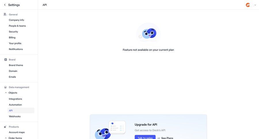 Dock
			settings empty state api upgrade your account information state minimalist design sidebar settings data management configuration subscription management hierarchical navigation api management paywall configuration screen ui page example