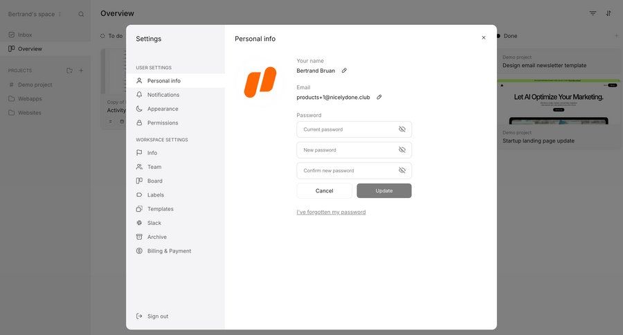 Workflow
			 settings account management form user settings workspace settings profile settings password update ui page example