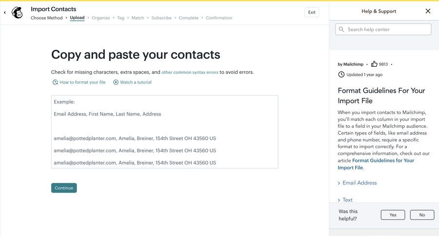 Mailchimp
			 data entry bulk upload contextual help ui page example
