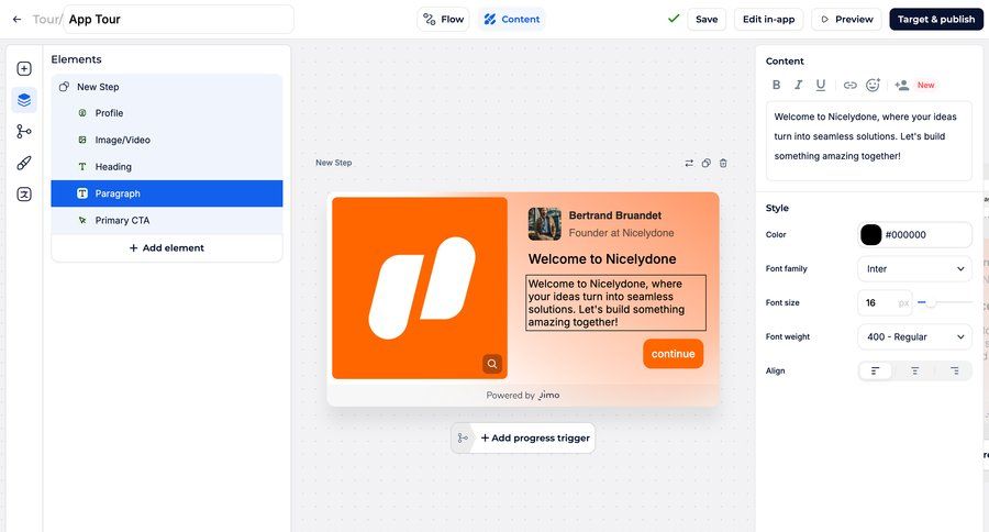 Jimo
			 configuration grid onboarding editor style customization drag and drop wysiwyg editor tutorial sidebar setup on boarding menu guided tour modern ui page example