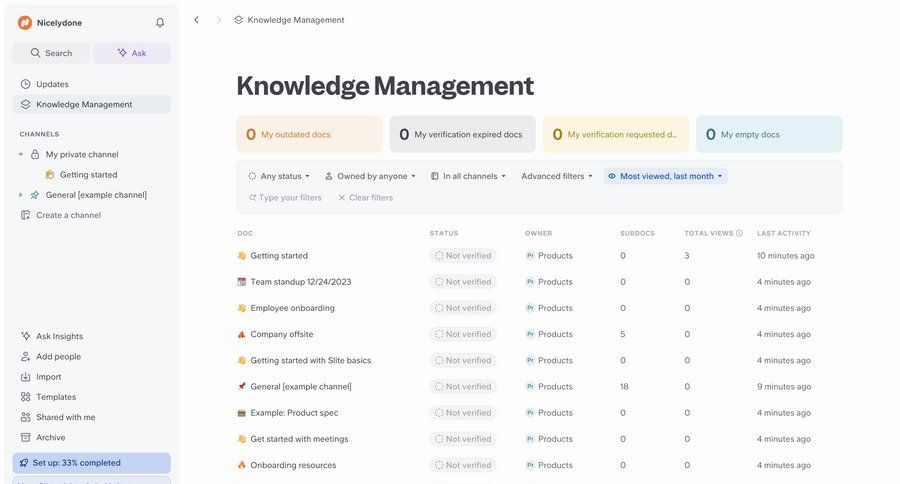 Slite
			 dashboard document management knowledge base team workspace activity tracking trial banner data display document list dropdown filters sidebar table ui page example