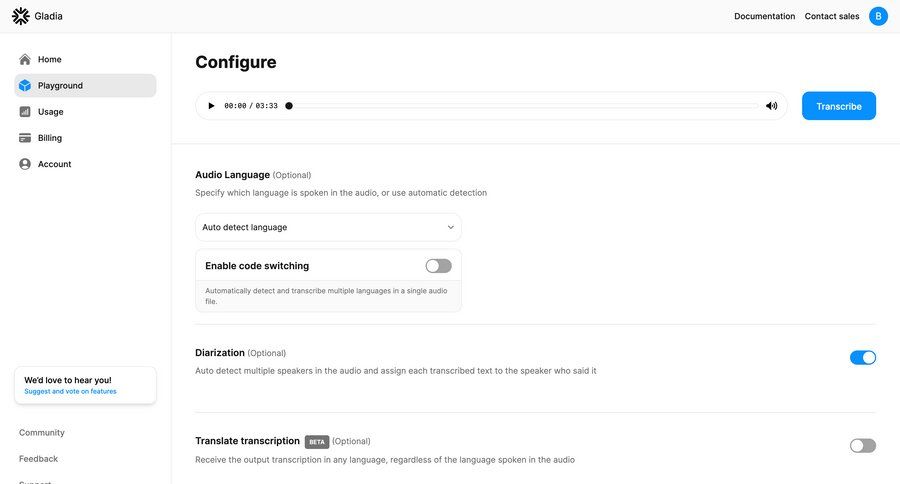 Gladia
			 sidebar settings form sidebar navigation configuration configuration screen artificial intelligence transcript audio configuration ui page example