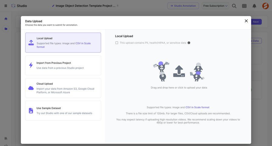 Scale
			modal & popover upload data management artificial intelligence form drag and drop machine learning ui page example