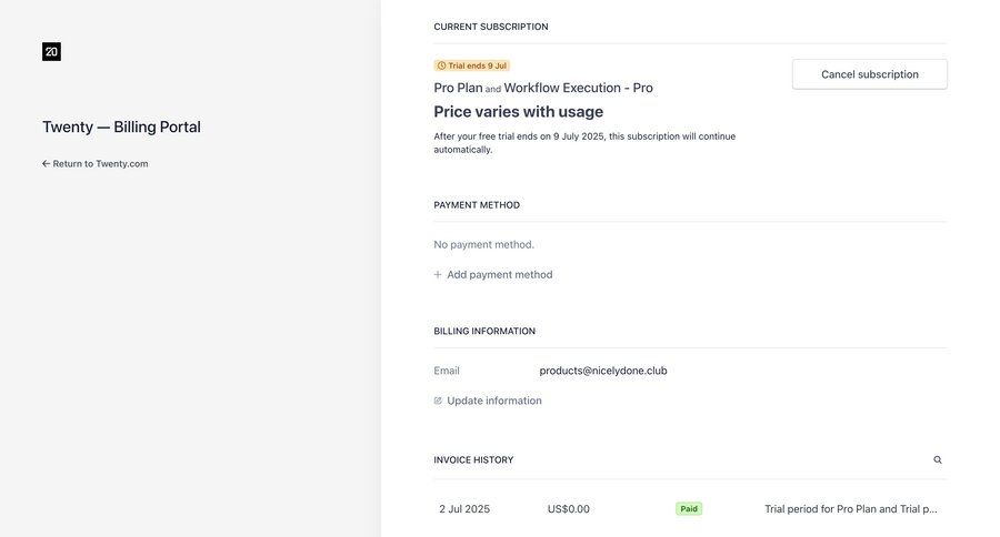 Twenty
			 dashboard account management subscription management payment method ui page example