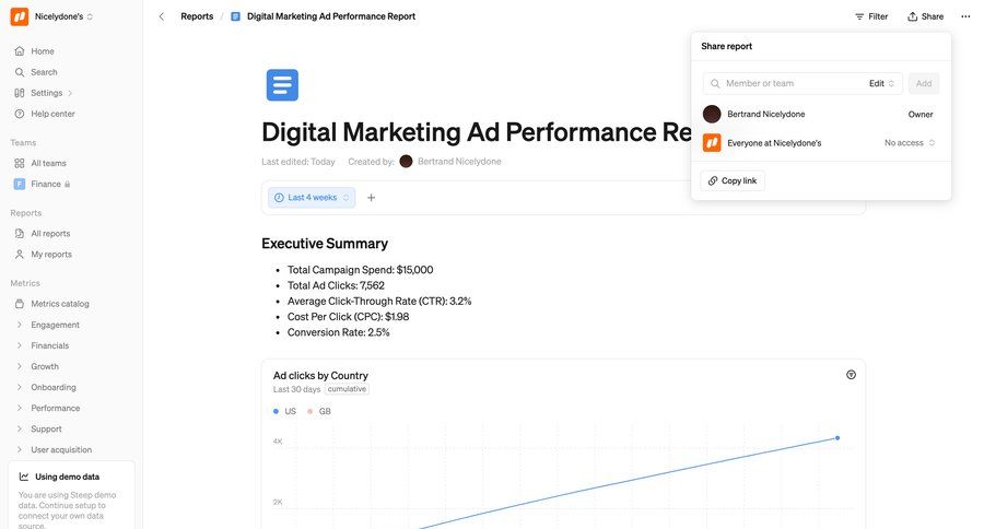 Steep
			 dashboard share modal sidebar information page detail view info view data visualization performance metrics search bar summary analytics sharing ui page example