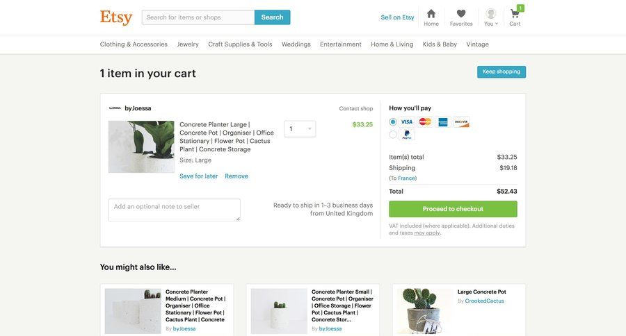 Etsy
			shopping cart e-commerce grid payment method product details comparison page comparision ui page example