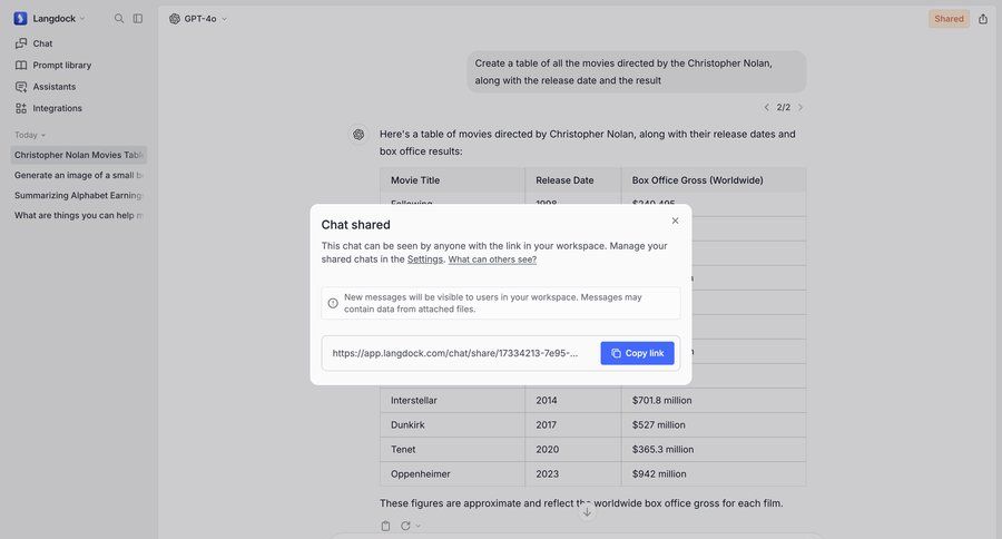 Langdock
			 collaboration share modal chat data visualization chat interface table sharing ui page example