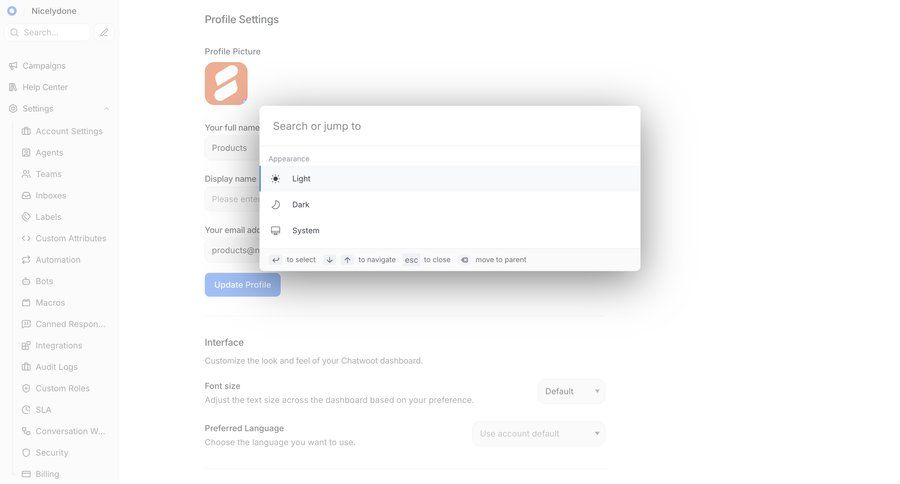 Chatwoot
			 profile settings keyboard shortcuts quick actions ui page example