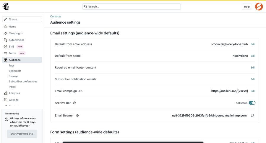 Mailchimp
			 settings list management audience management sidebar alert navigation bar modern contextual help email marketing ui page example