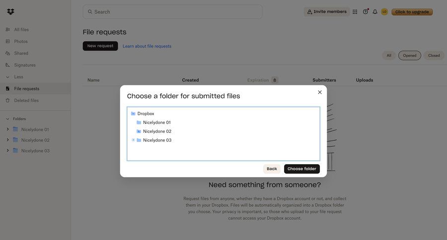 Dropbox
			 collaboration tree view file management file organization file upload modal hierarchical navigation document list sidebar ui page example