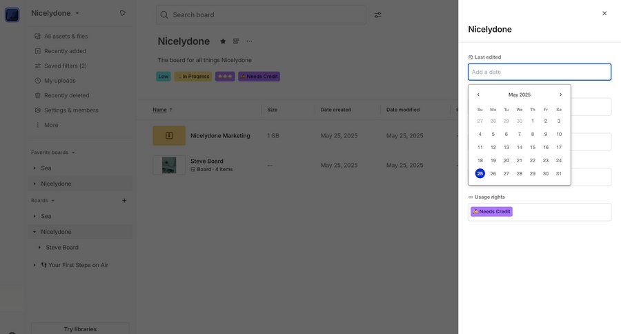 Air
			 dashboard project management grid file management file organization project organization hierarchical navigation sidebar date picker navigation menu ui page example