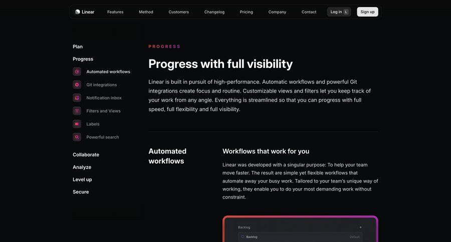 Linear
			 drag & drop features management progress features changelog keyboard shortcuts filter ui search results ui sort by ui dark ui order tracking search results ui page example