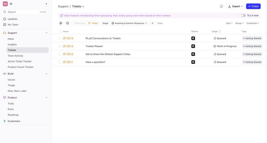 DevRev
			 sidebar navigation workflow export issue tracking table headers dropdown filters sidebar table ui page example