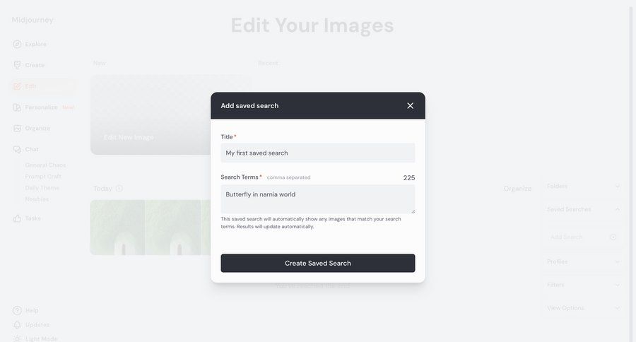 Midjourney
			 modal screen content management artificial intelligence onboarding form search results ui page example
